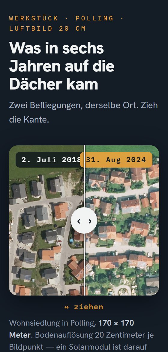 Die Seite auf einem Telefon: ein Luftbild von Polling mit einem Schieberegler, links der Stand 2018, rechts 2024 mit neuen Solardächern