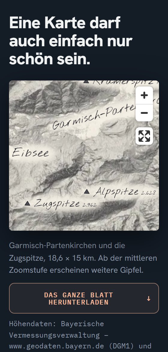 Die Seite auf einem Telefon: ein graues, wie mit Bleistift gezeichnetes Relief des Wettersteingebirges mit Zugspitze, Alpspitze und Eibsee