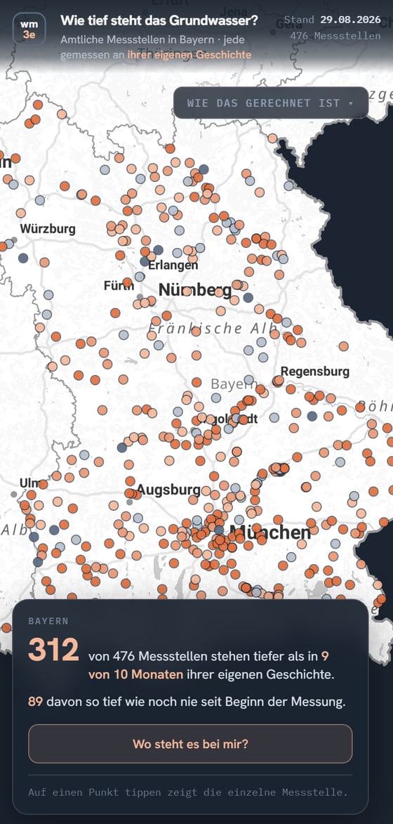 Die Karte auf einem Telefon: über ganz Bayern verteilte Punkte, überwiegend in Pfirsichtönen, die niedrige Grundwasserstände anzeigen