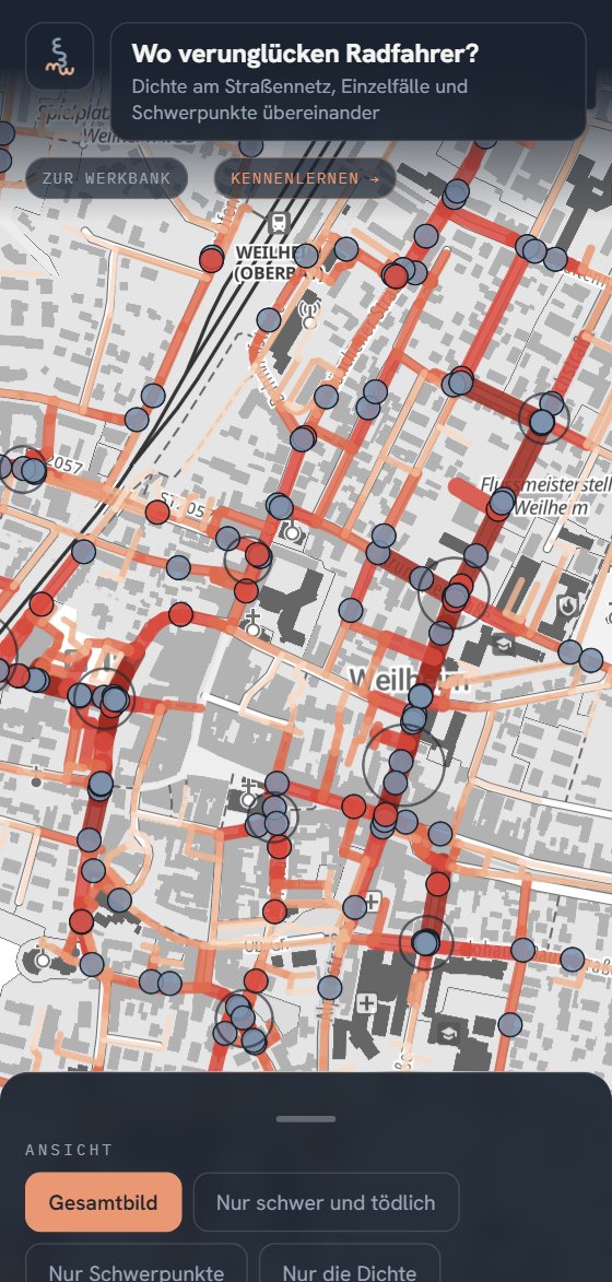 Die Karte auf einem Telefon: rote und graublaue Punkte zeigen Radunfälle im Landkreis, orange Ringe markieren die Schwerpunkte