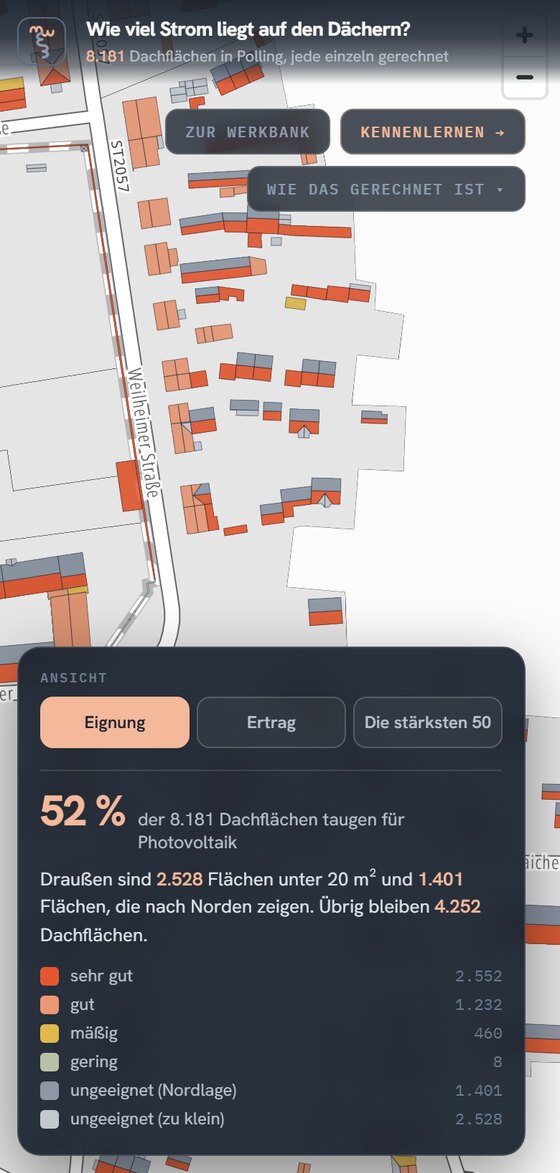 Die Karte auf einem Telefon: eingefärbte Dachflächen zeigen, welche Dächer in Polling für Photovoltaik taugen